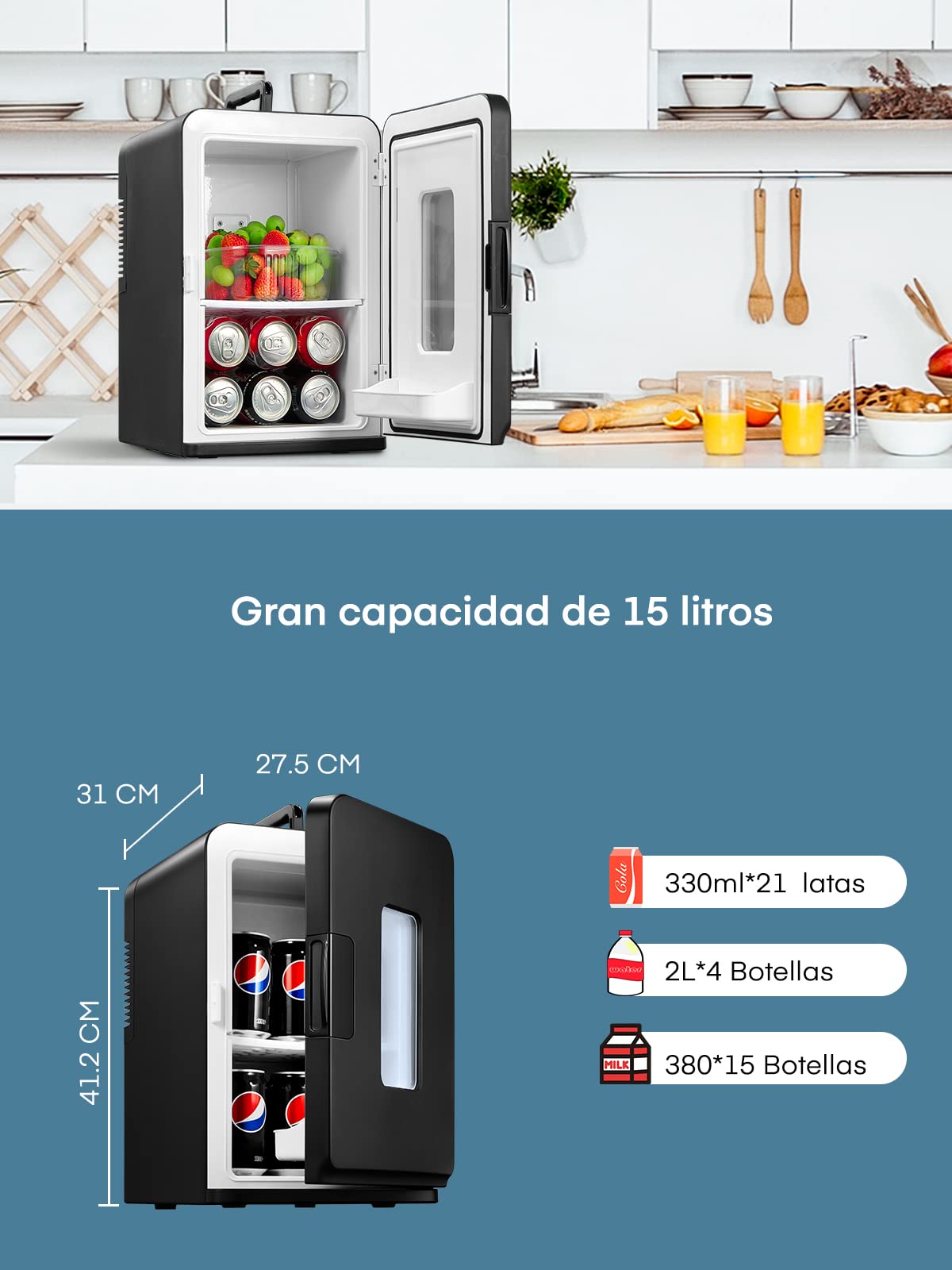 NORTHCLAN Mini Nevera Portatil, 15L Mini Frigorifico, 12V/230V, Funciones Enfriar y Calentar, Mini Frigorífico para Coches, Oficinas y Dormitorios, Cosméticos y Cervezas, Modo Max y ECO, Negro