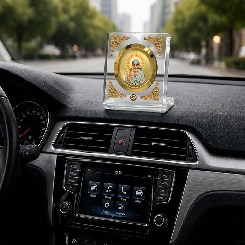 Image of DIVINITI 24K Gold Plated Sai Baba With Blessings Acrylic Frame for Car Dashboard, Home Temple & Office Table | Premium Spiritual Gift, Blessings for Protection & Positivity, 8x7 cm