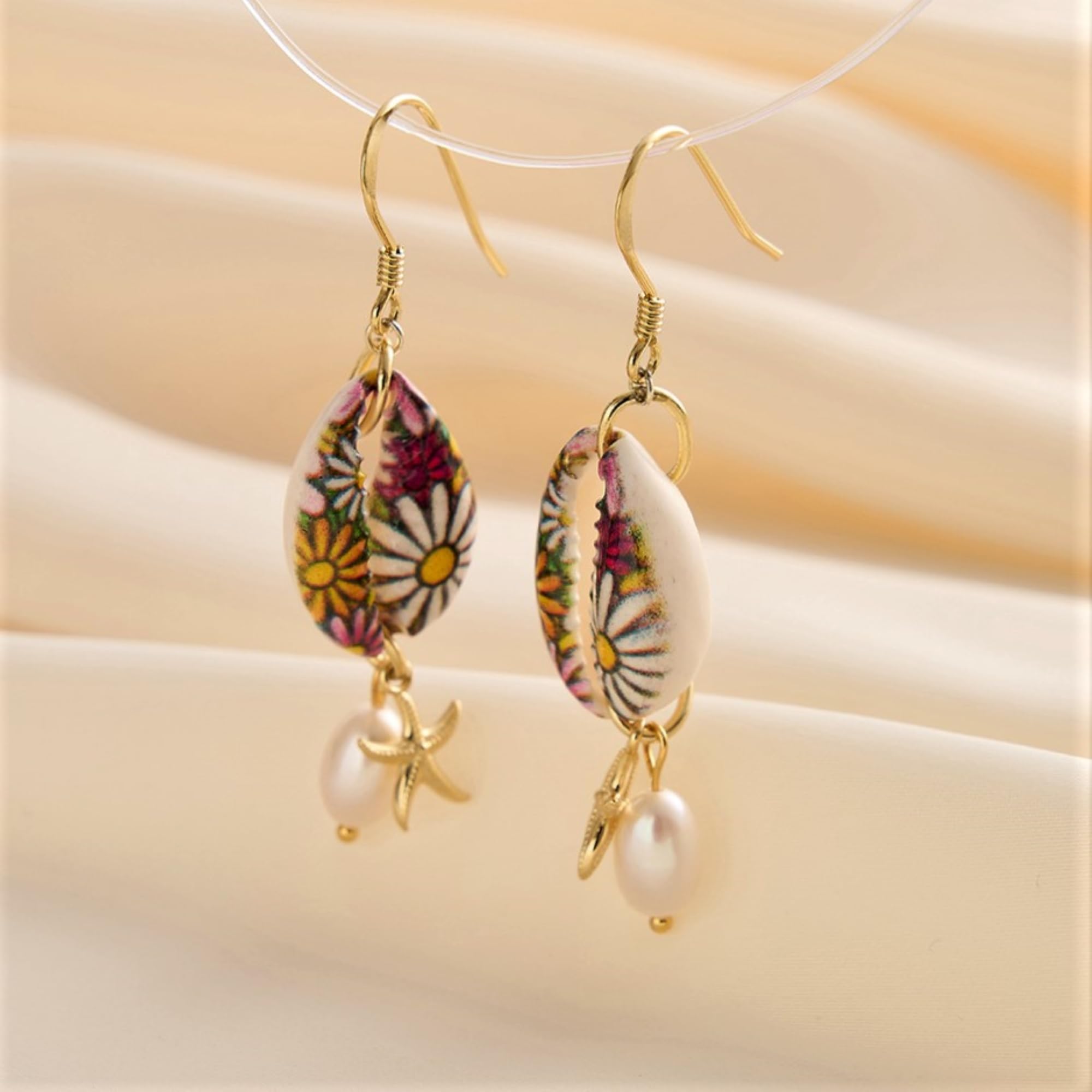 Pendientes Boho de Concha y Perla Pendientes Colgantes Estrella de Mar en Plata de Ley 925 Joyería para Mujeres