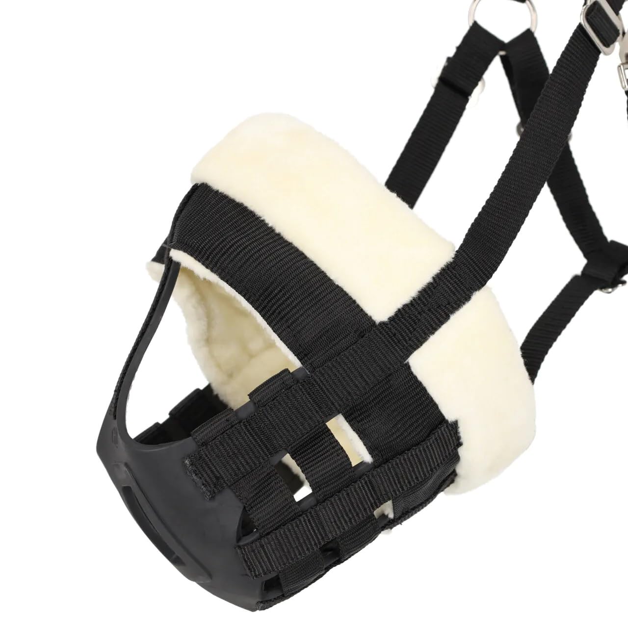 NETPROSHOP Beweidungsmaske Fressbremse mit Kunstfellbesatz und Nasenlöchern schwarz Shetty Pony Cob Full, Groesse:Pony, Farbe:Schwarz