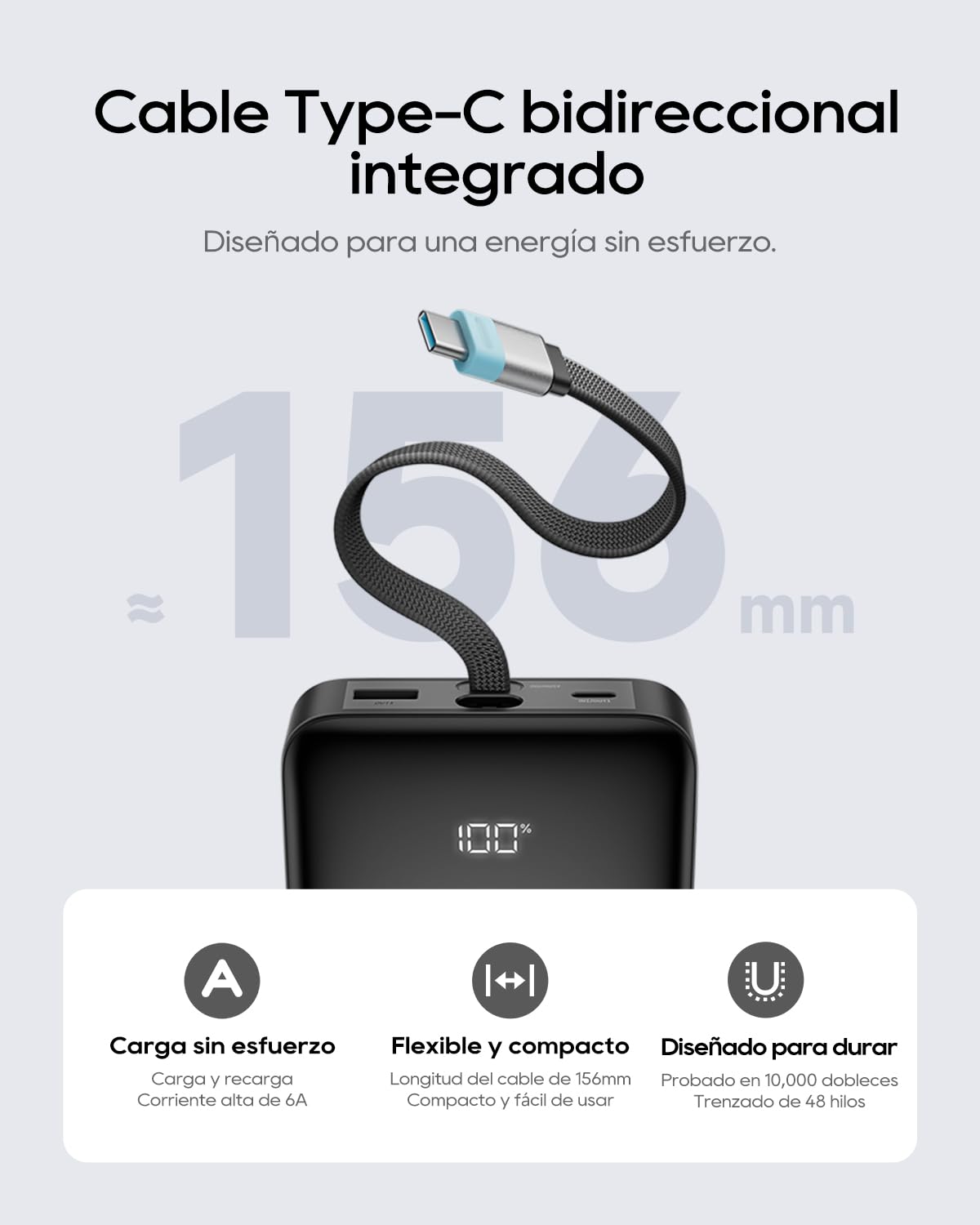 CUKTECH Power Bank 100W 25000mAh,Cargador Portátil con Cable USB-C Integrado y Carga Rápida, Batería Externa para MacBook Pro/Air, iPhone 17/16/15, Samsung, Pixel – Aprobado para Avión