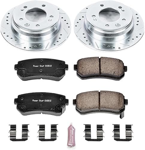 Miniatura 2 de Power Stop K6093 Pastillas de freno de fibra de carbono traseras Z23 con kit de rotores de freno perforados y ranurados