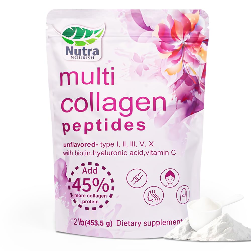 Multi Collagen Peptides Powder, 2LB | (Type I, II, III, V, X) with HyaluronicAcid, Biotin & Vitamin C,Supports Hair, Skin & Joint Health,Unflavored 2 Pound (Pack of 1)