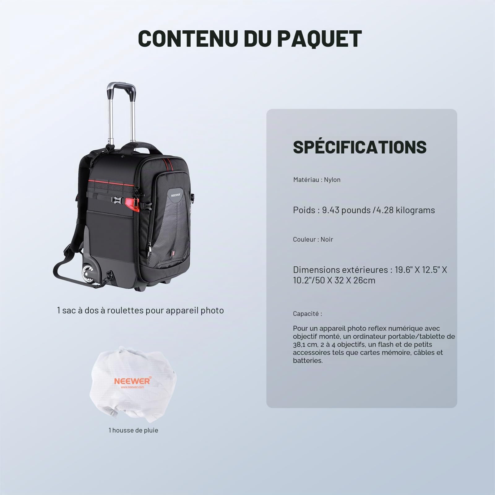 Neewer - Valise à roulettes 2 en 1 pour appareil photo - Durable et imperméable - (compartiment rembourré anti-choc et détachable, barre de traction cachée) Noir