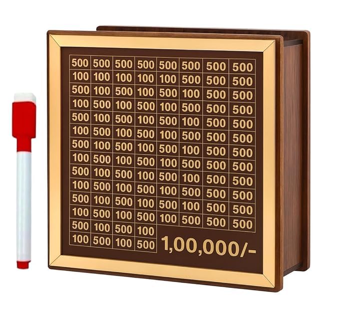 Image of Dr.MASHUR Wooden Money Saving Challenge Box with Printed Amount Board for Cash and Coin Collection, Reusable Saving Box for Kids and Adults (Pen 1lkah Money Box, 1, Count)