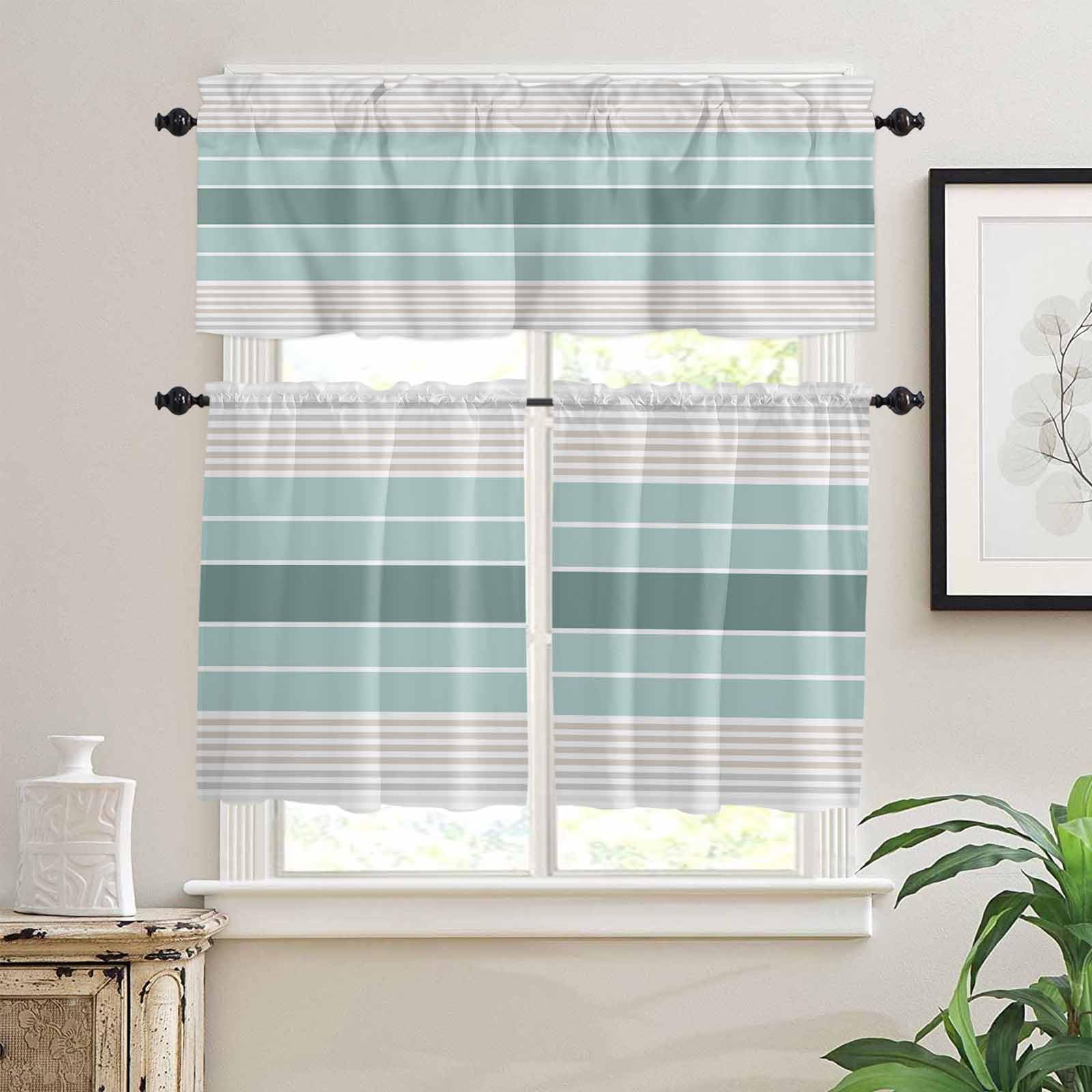 Teal Aqua Stripes Kitchen Curtains 36 Inch Length, 3 Piece Rod Pocket Small Half Tiers and Valance Set, Modern Ombre Abstract Aesthetics Small Large Window Treatment Decor for Bedroom/Bathroom Sink