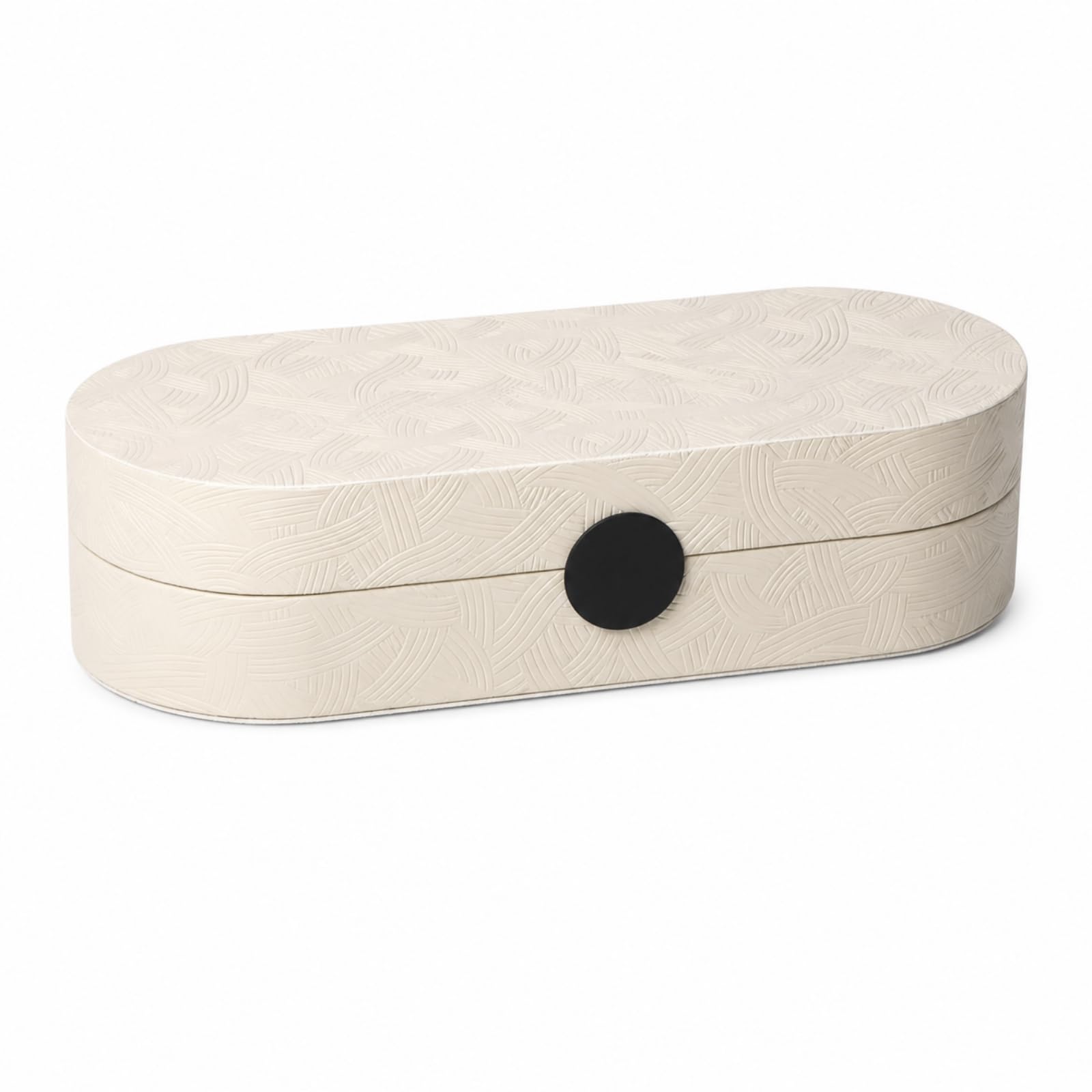Adatto A Comò Portagioie In Pelle Per Donna | coperchio a cerniera, dettaglio frontale nero, contenitore ovale bianco, protegge gioielli delicati