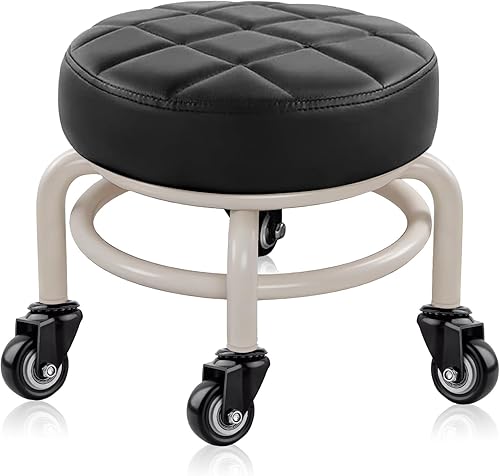 Miniatura 8 de HPONQIONE Taburete bajo redondo rodante, de piel sintética, 360, más cómodo, giratorio con cojín de esponja gruesa para salón de uñas, pedicura, spa