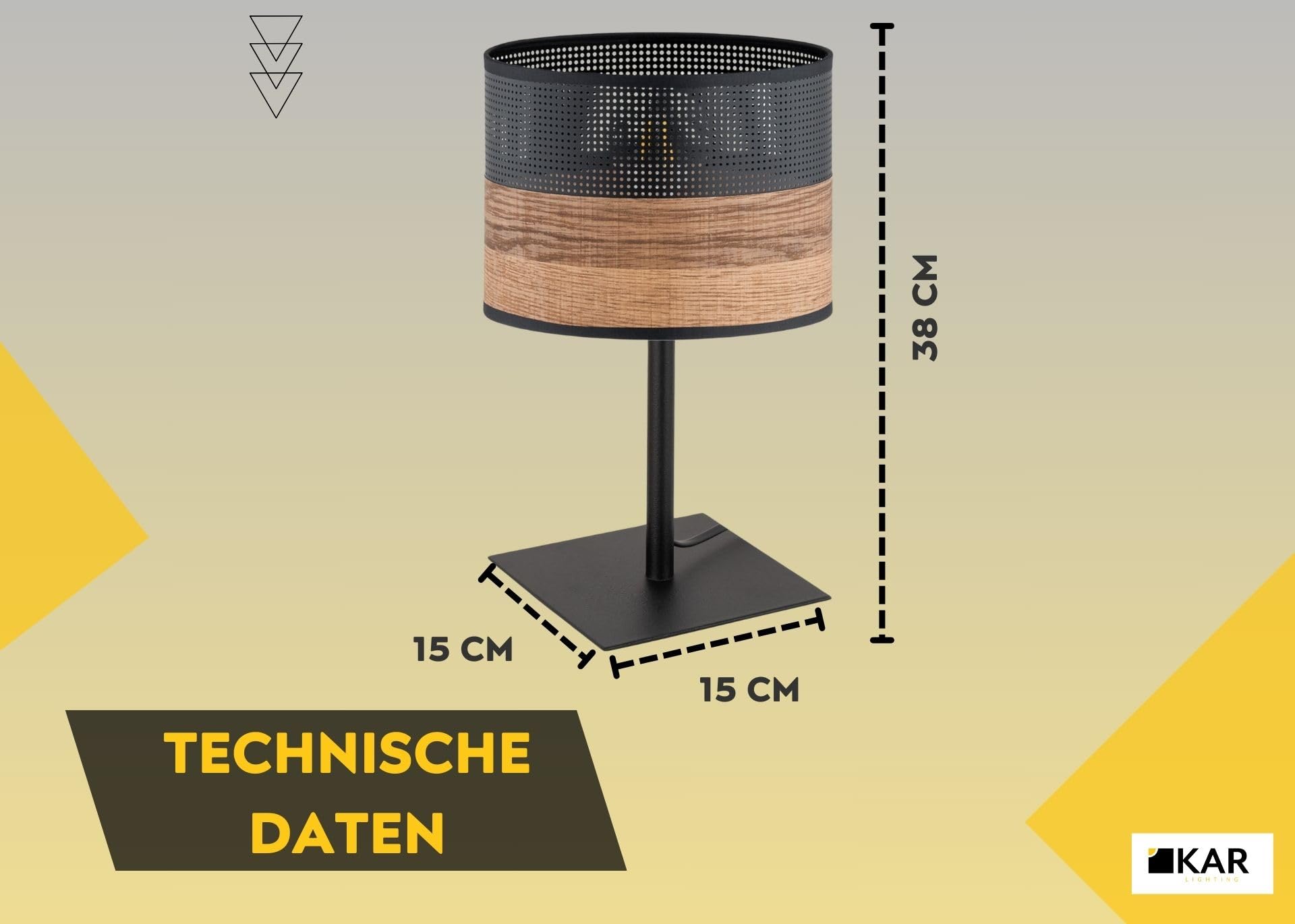 Schreibtischlampe 1-flammig aus schwarzem Metall mit Holzoptik-Details (PVC) | E27 Fassung | LED geeignet | Tischleuchte für Büro, Arbeitszimmer oder Schlafzimmer