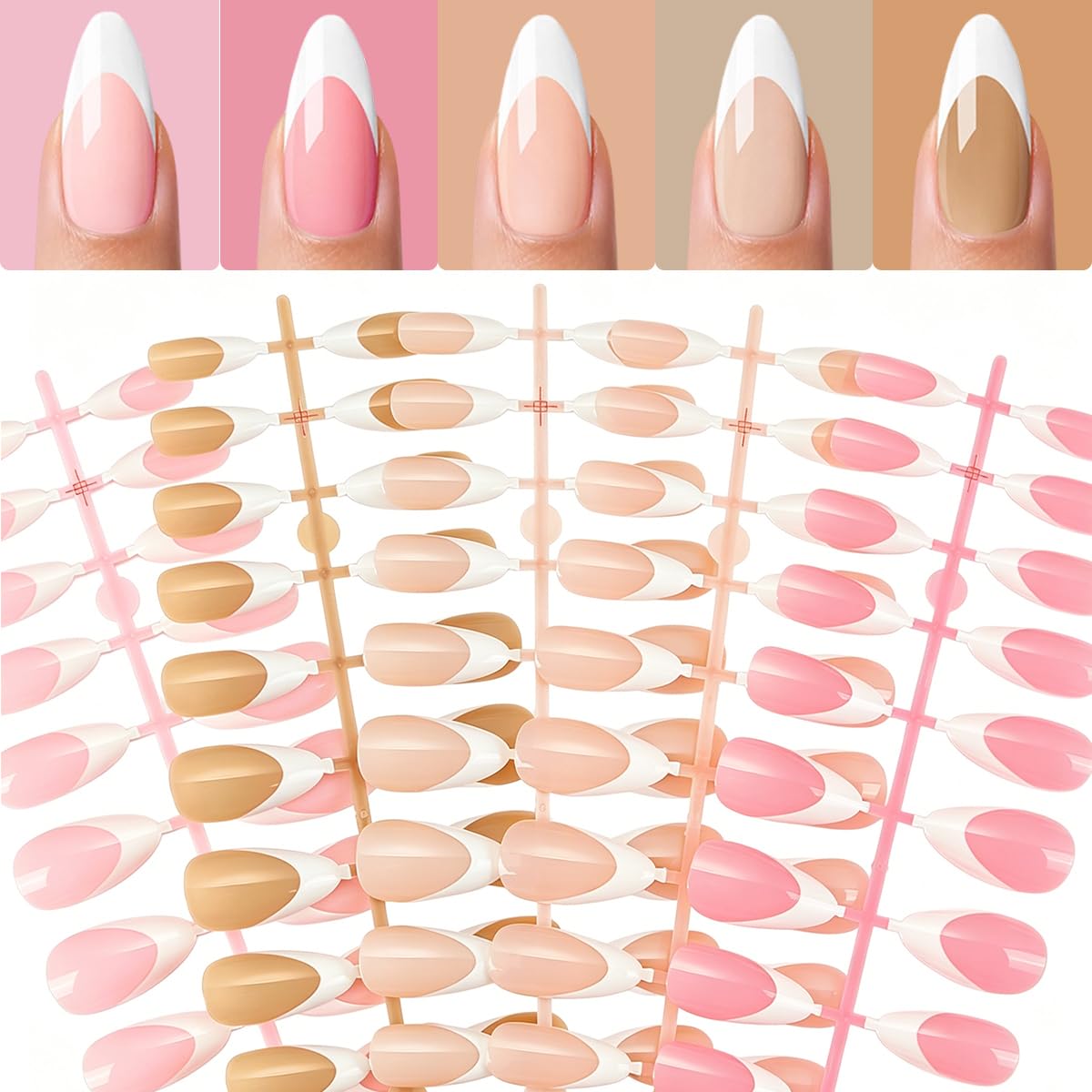 View 1 of 120 Pcs White French Tip Press on Nails Kit - 5 Color Base Medium Almond False Nails in 12 Sizes, Reusable Full Cover Glossy Manicure Set for Women