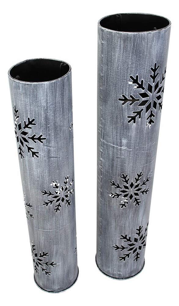 2 Stück Windlichtsäulen Schneeflocke aus Metall, 88 + 100 cm hoch, Kerzenhalter, Gartenlaterne, Bodenwindlicht, Dekosäule mit Kerzenglas, Metallsäule, Kerzensäule