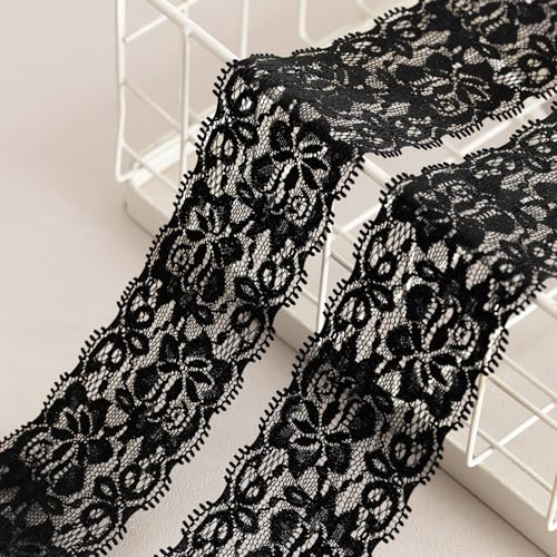 LYXMYGS Lace Trim Ribbon 5-Yard Black Lace Ribbon 2.36 Inch Width Laces Trims Delicate Floral Pattern Ribbons for Crafts Sewing and Bridal Wedding Dress Applique Decorations Black