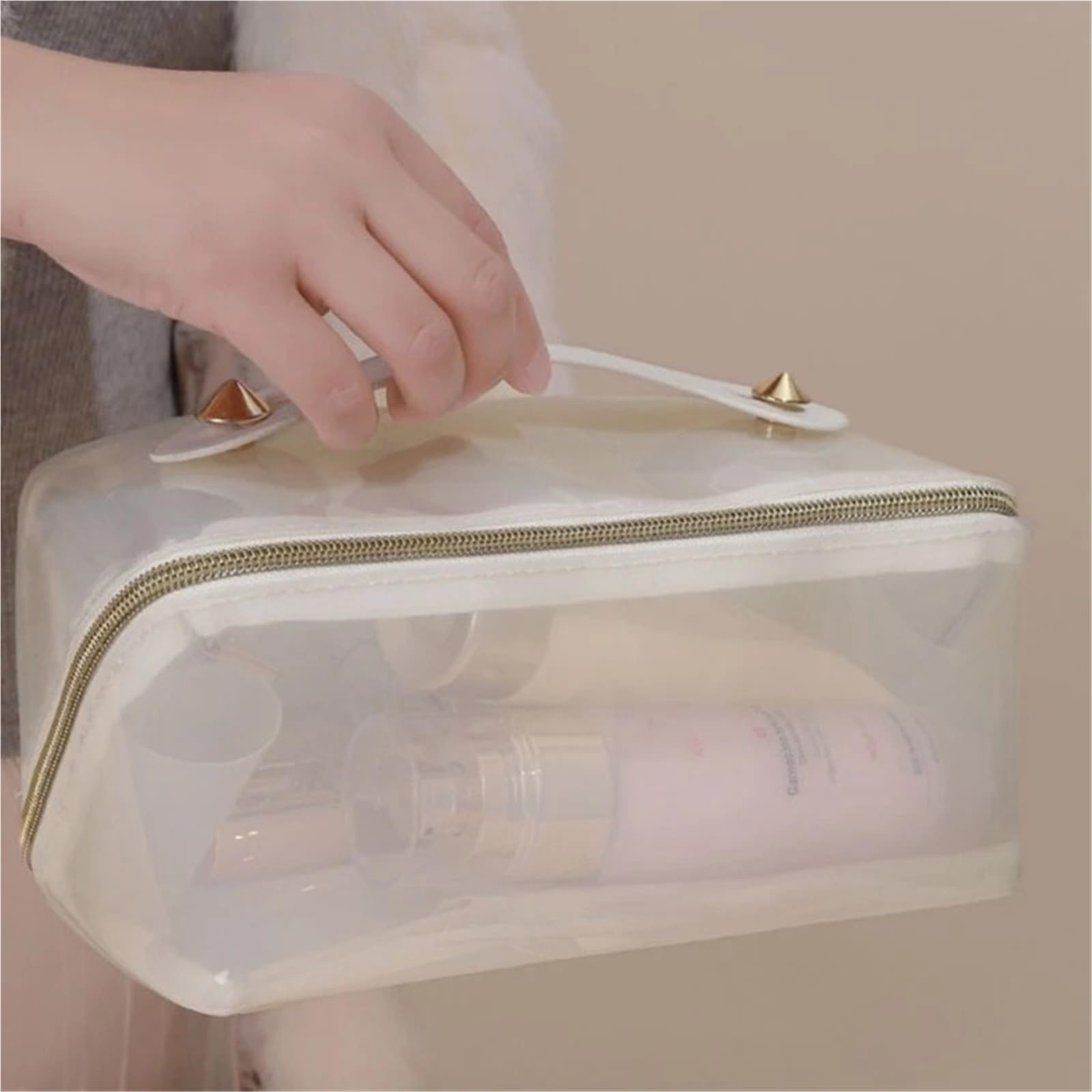 1 borsa trasparente for trucco da donna, cuscino di grande capacità, organizzatore viaggio, for il, toilette portatile, for cosmetici, borse con cerniera Per Viaggi(Brown)