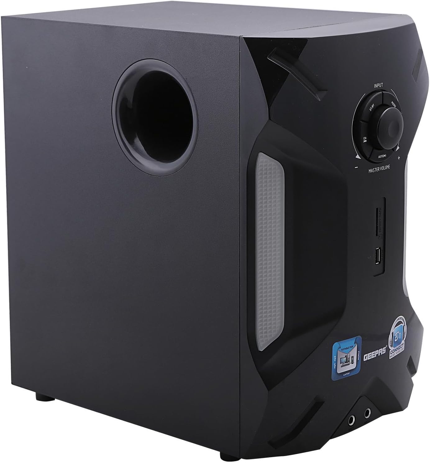 Front view of the Geepas GMS8507BT subwoofer with control panel