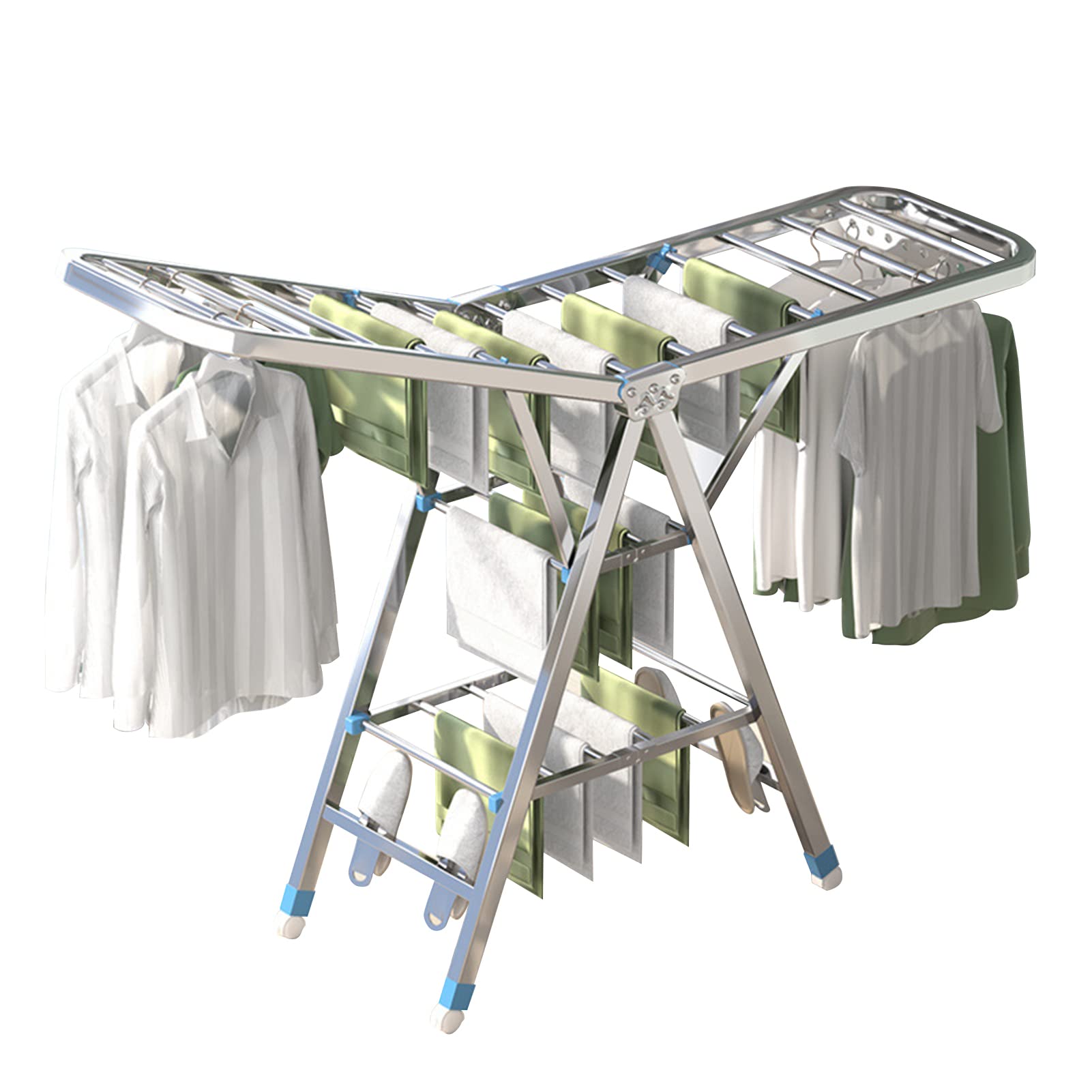 3 Tier Clothes Drying Rack, Stainless Steel Laundry Drying Rack, Folding Drying Rack Clothing Hanger Stand For Drying Clothing Indoor Outdoor, with Height-Adjustable Wings, 33 Drying Rails, Sock Clips