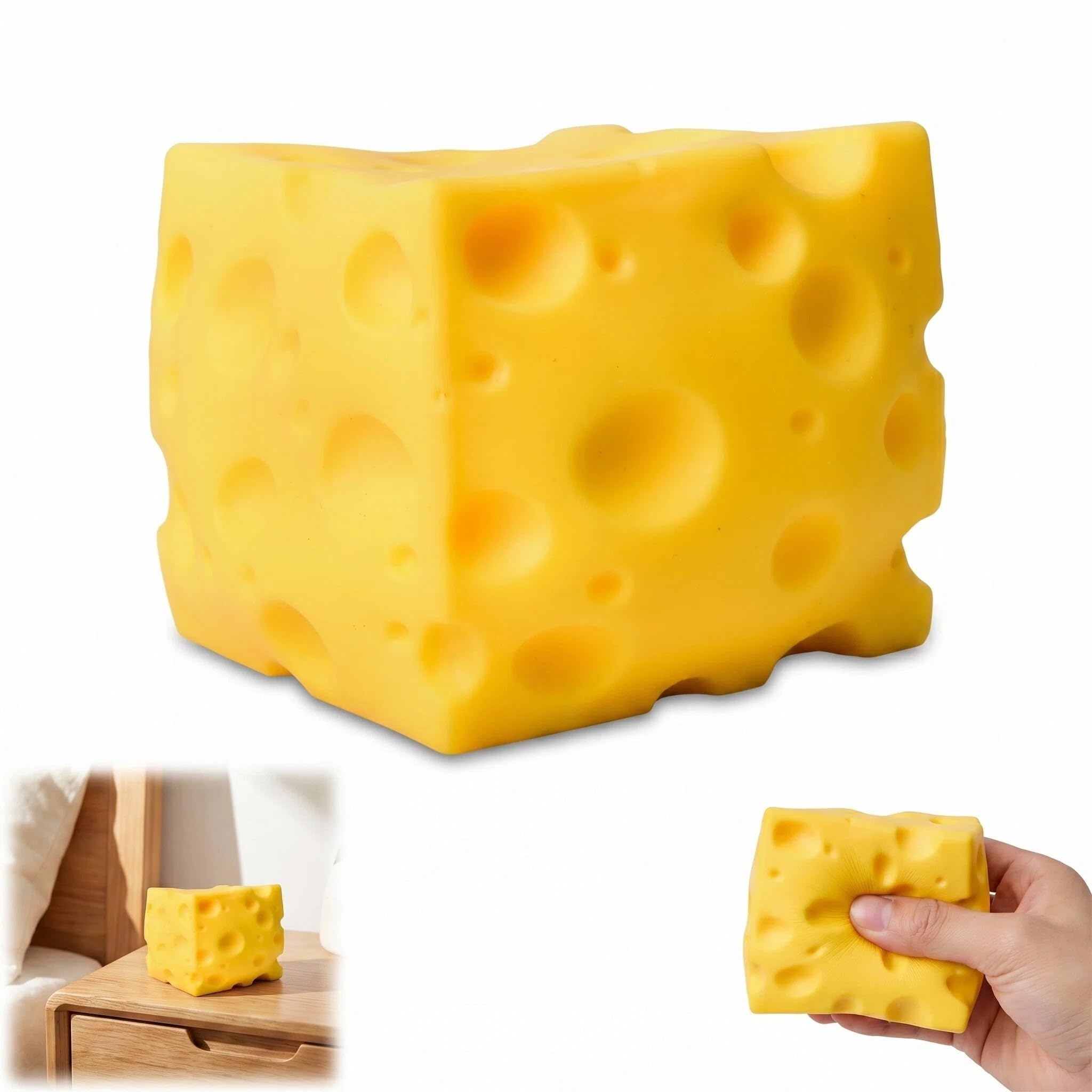 Cheese Squishy 10cm, Yellow Cheese Squeeze Toy, Realistic Cheese Stress Relief Ball, Portable Decompression Fidget Toy for Kids Adults Office Home Travel
