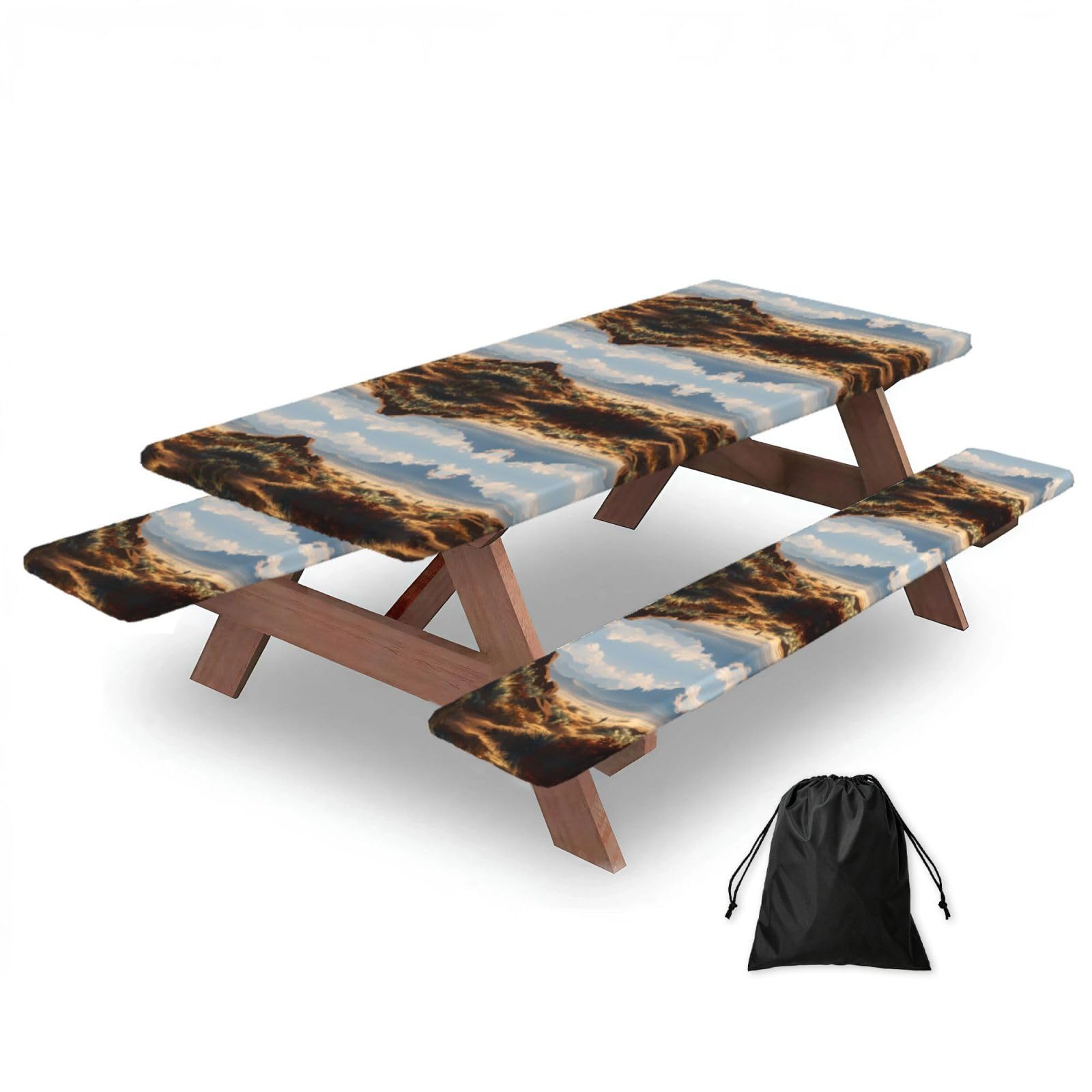 EZDLOWVBA Desert Print Picnic Table Cover With Bench Covers Waterproof Fitted Picnic Table Outdoor Elastic Picnic Tablecloth Outdoor Camping Essentials(3pcs)