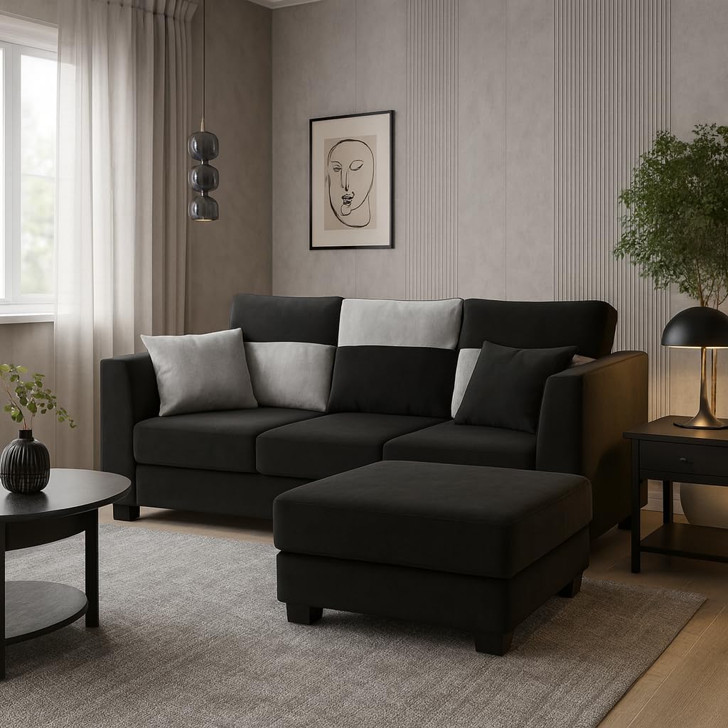 Trevano 3 Seater Modular L Shape Sofa Set with Ottoman | Soft Velvet Suede Fabric | Modern Design | Plush Comfort Cushions for Living Room (Light Grey-Black) Trevano 3 Seater Modular L Shape Sofa Set with Ottoman | Soft Velvet Suede Fabric | Modern Design | Plush Comfort Cushions for Living Room (Light Grey-Black)