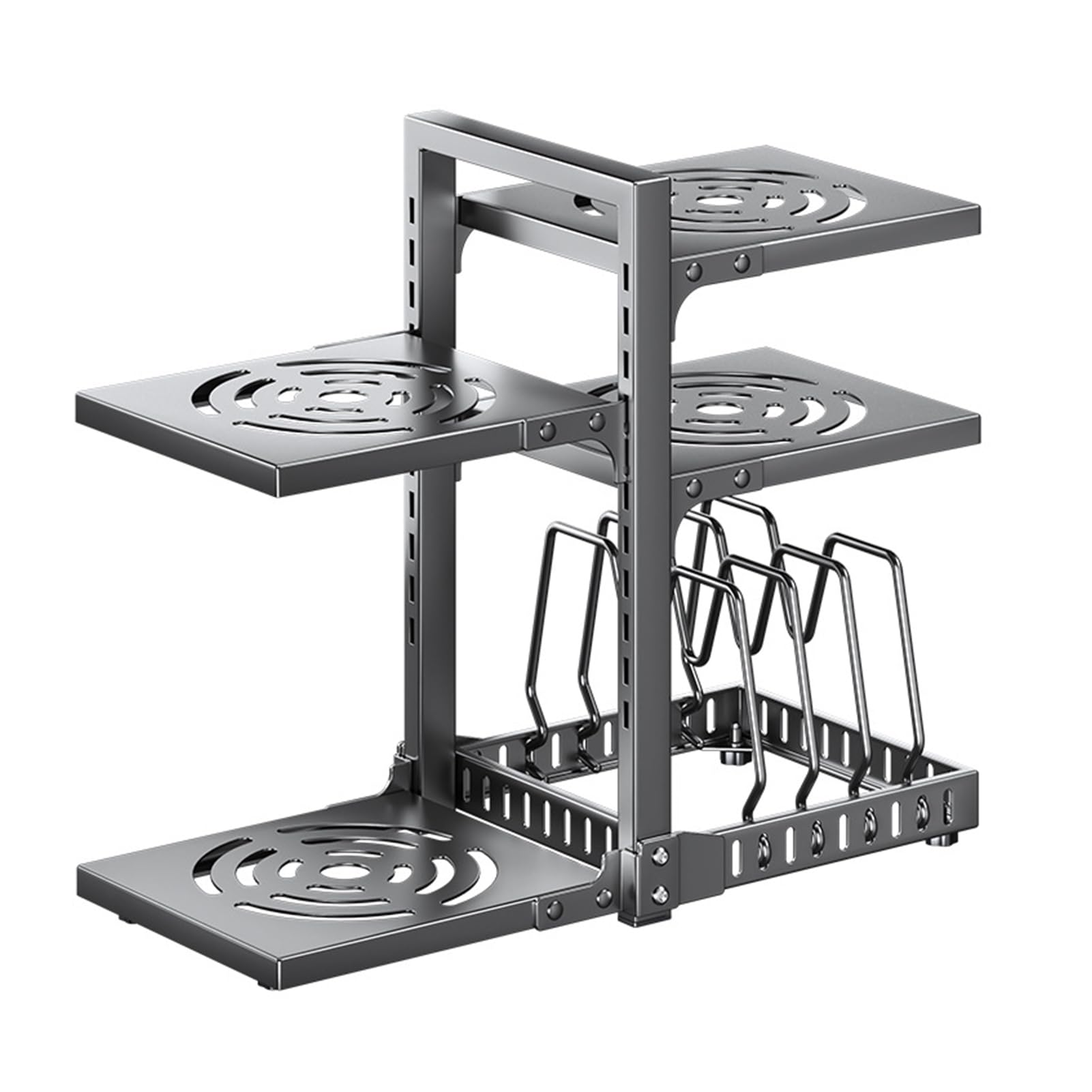 Kitchen Cabinet Organizer, 7-stöckig Pfannen Organizer mit Höhenverstellung, Hohe Beanspruchung Pfannenhalter mit Verstellbaren Topfdeckelstäben für Töpfe, Pfannen und Deckel