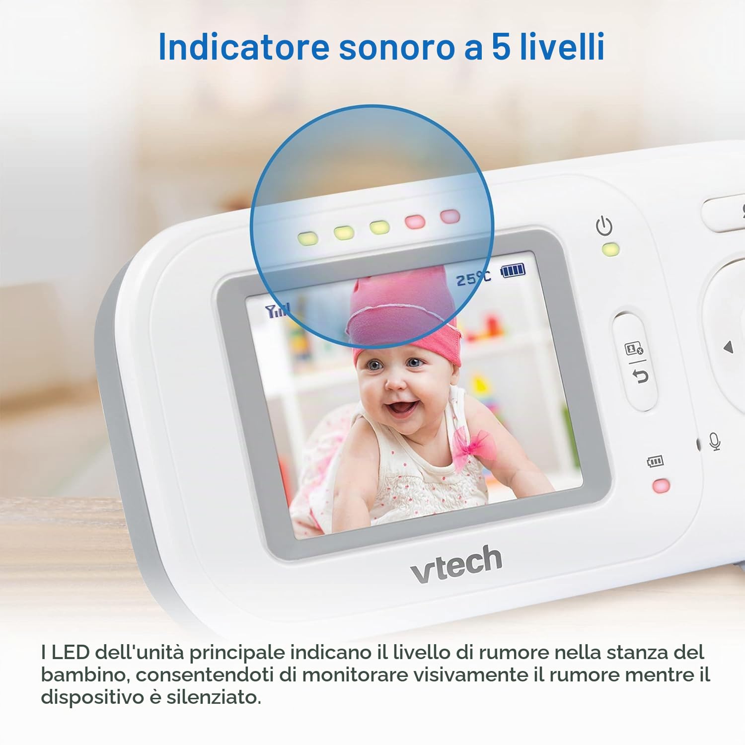 VTech Baby Monitor con Display 2,4", Visione Notturna, Comunicazione Bidirezionale, Sensore di Temperatura, Indicatore Sonoro, Raggio Fino a 300m, Suoni Rilassanti e Ninne Nanne, Senza Wi-Fi: VM320