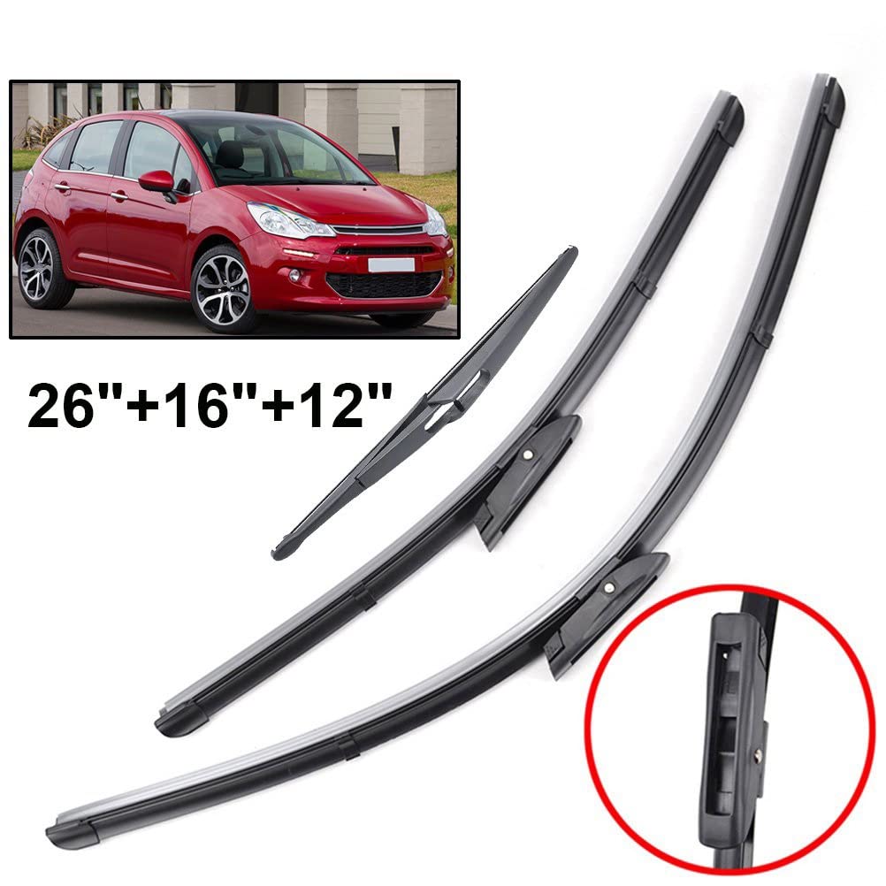 Tergicristallo Anteriore E Posteriore Tergicristallo Spazzole Set per Citroen C3 MK2 Hatchback 2009 2010 2011 2012 2013 2014 2015 2016 Parabrezza Finestra 26"+16"+12"