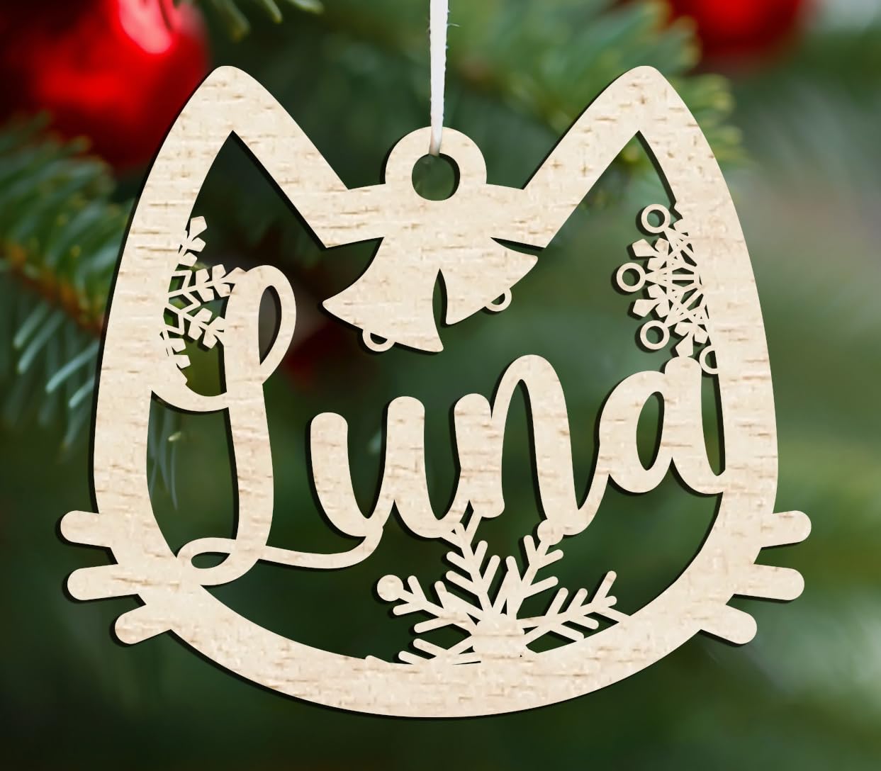 Happenings Bola de Navidad personalizada con el nombre del perro, gato, animal o texto seleccionado, diámetro de 10 cm, decoraciones navideñas individuales (gato, madera contrachapada)