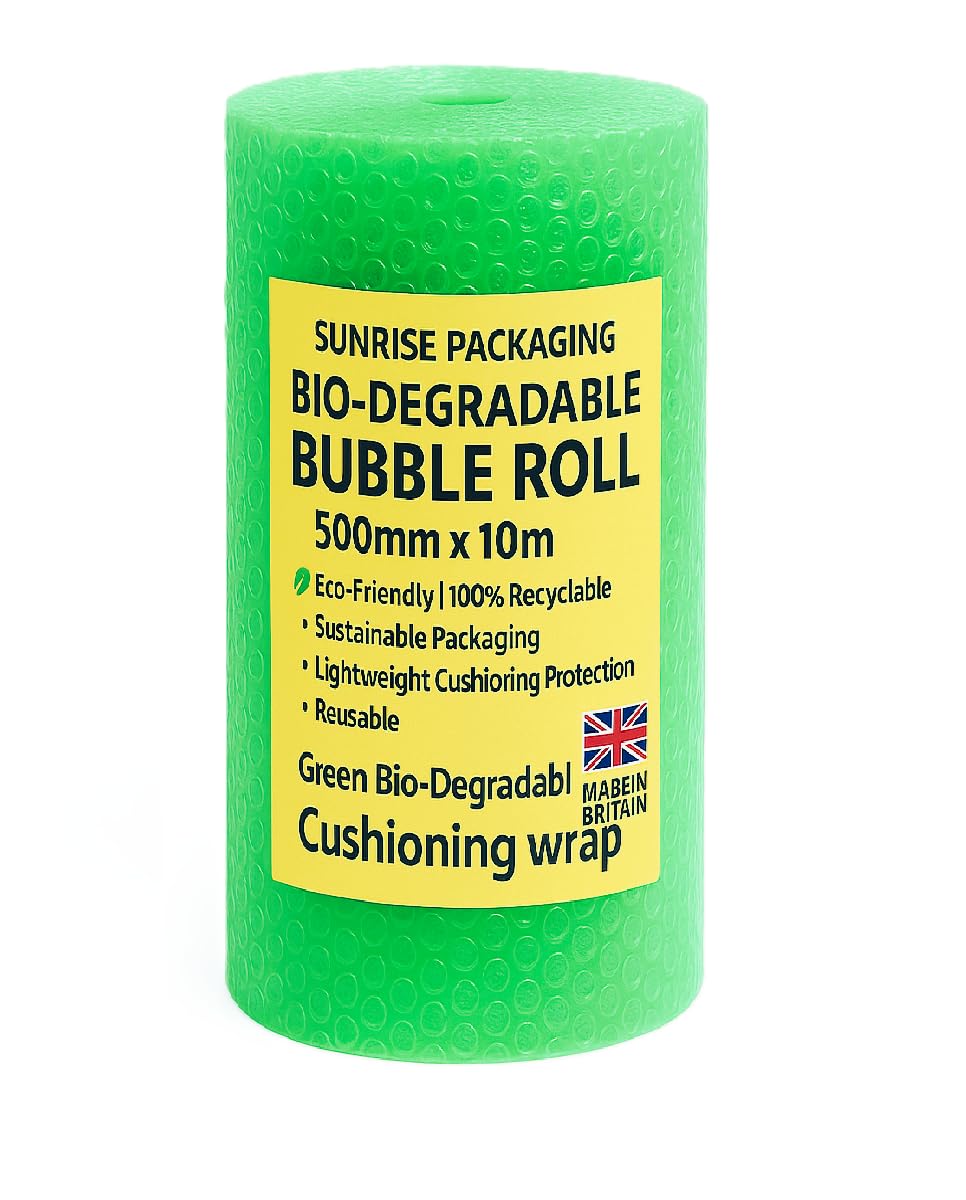 Sunrise Packaging Green 10M Long Biodegradable Bubble Wrap 500Mm Wide - 100% Eco Friendly Recyclable Small Bubble Cushioning House Moving - Fragile Item Packaging Material Protective Wrapping For Storage & Shipping