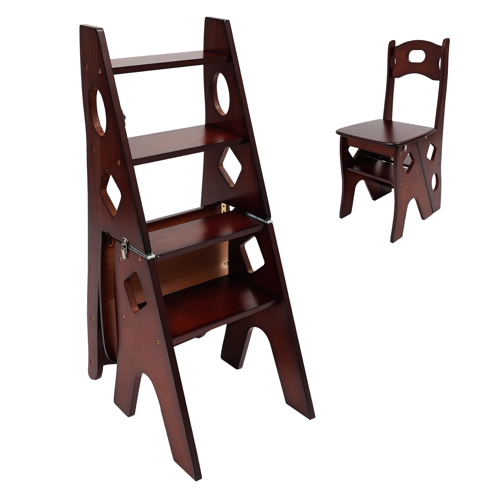 Klapphocker mit Leiter | 2-in-1 Sitzleiter aus Massivholz (Kiefer) | 4 Stufen & 100kg Traglast für Küche, Wohnzimmer & Garten | Klappbar & Platzsparend (Walnuss)