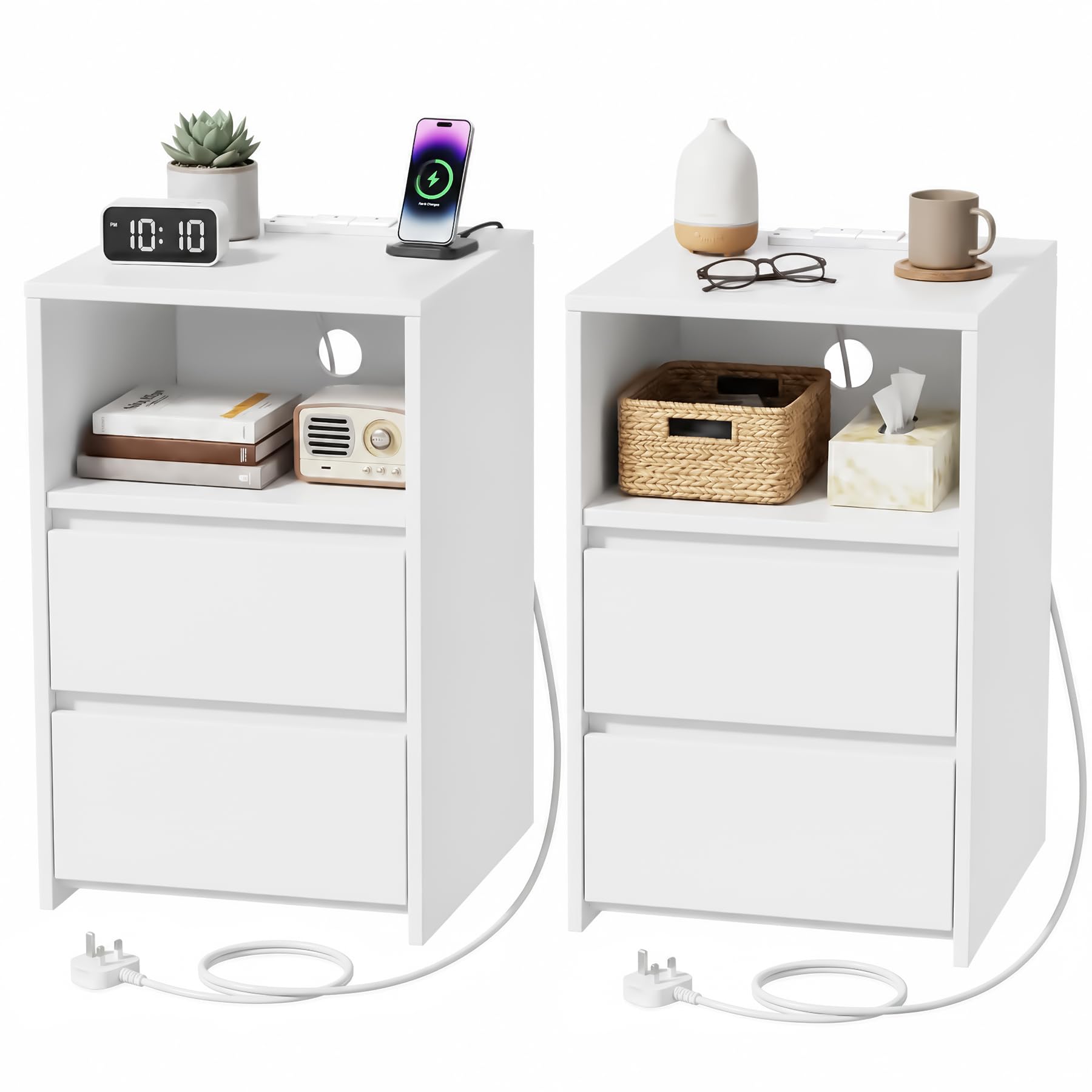 VWYUK Bedside Tables with Charging Station, Nightstands with 2 Drawers, 2 AC Outlets & 2 USB Ports, Modern End Tables for Living Room, Bedroom & Study, Cloud White (Set of 2)