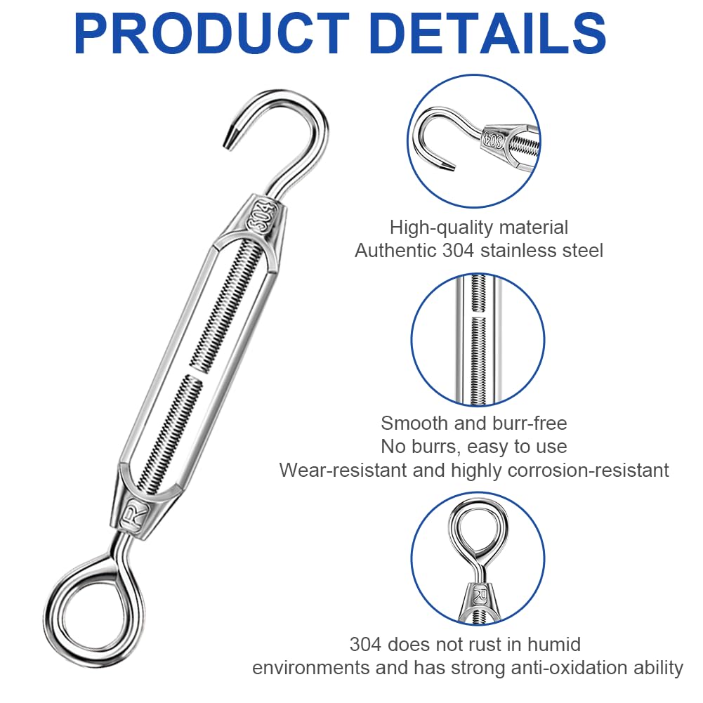 Tensores de Alambre M4 de Acero Inoxidable 304, Heavy Duty Ajustables para Cables, Toldos y Jardín - 6 Piezas