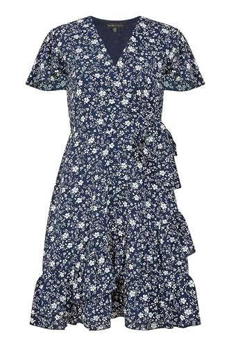 Image of Yumi Navy Ditsy Floral Wrap Frill Dress (UK, Numeric, 20, Regular, Regular, Navy)