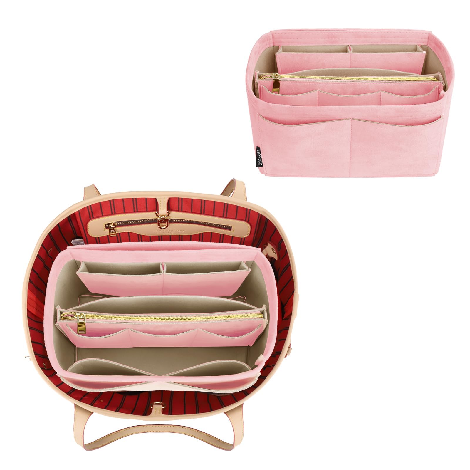 OPPOSHE Zamszowy organizer do torebki, solidny filcowy organizer do torebek, organizer do torebek z zamkiem błyskawicznym, kompatybilny z Neverfull Speedy and More, różowy, rozmiar L
