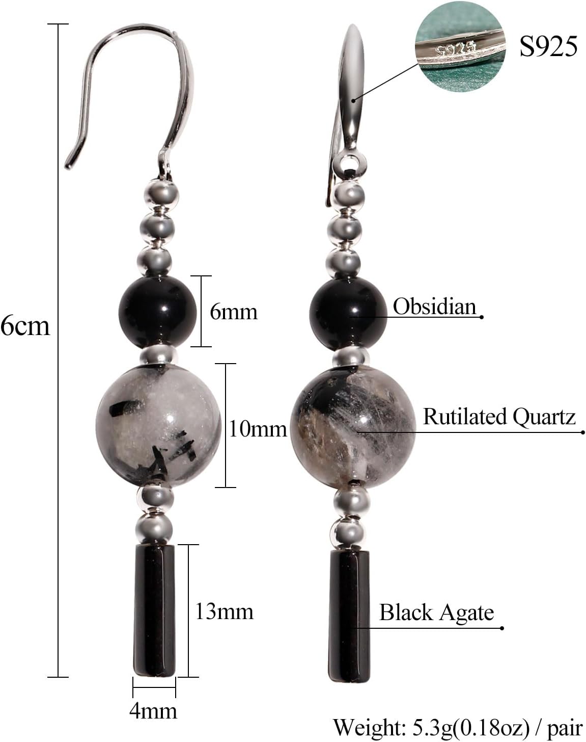 Jewever 925 Sterling Silver Earrings Obsidian/Black Rutilated Quartz/Agate Dangle Earrings for Women Trendy Protection Jewelry Love Gifts