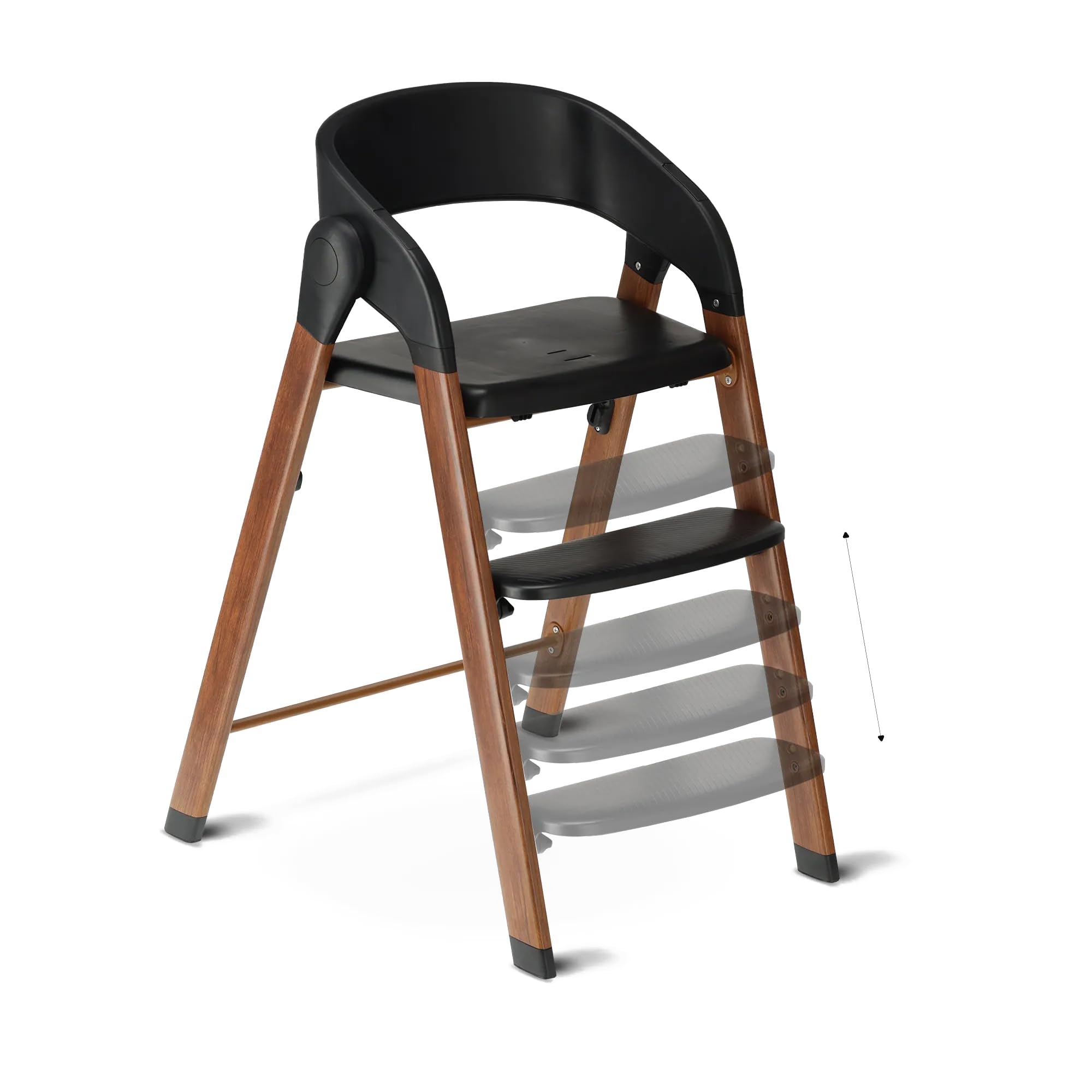 Deryan Seggiolone per bambini e bambini – Seggiolone pieghevole in legno – Include cintura a 5 punti – Regolabile in altezza e pieghevole – Include cintura di sicurezza e vassoio – Nero/Legno