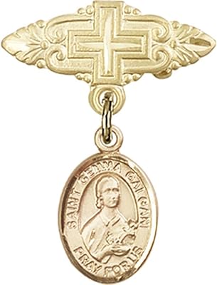 14kt Yellow Gold Baby Badge with St. Gemma Galgani Charm and Badge Pin with Cross 1 X 3/4 inches