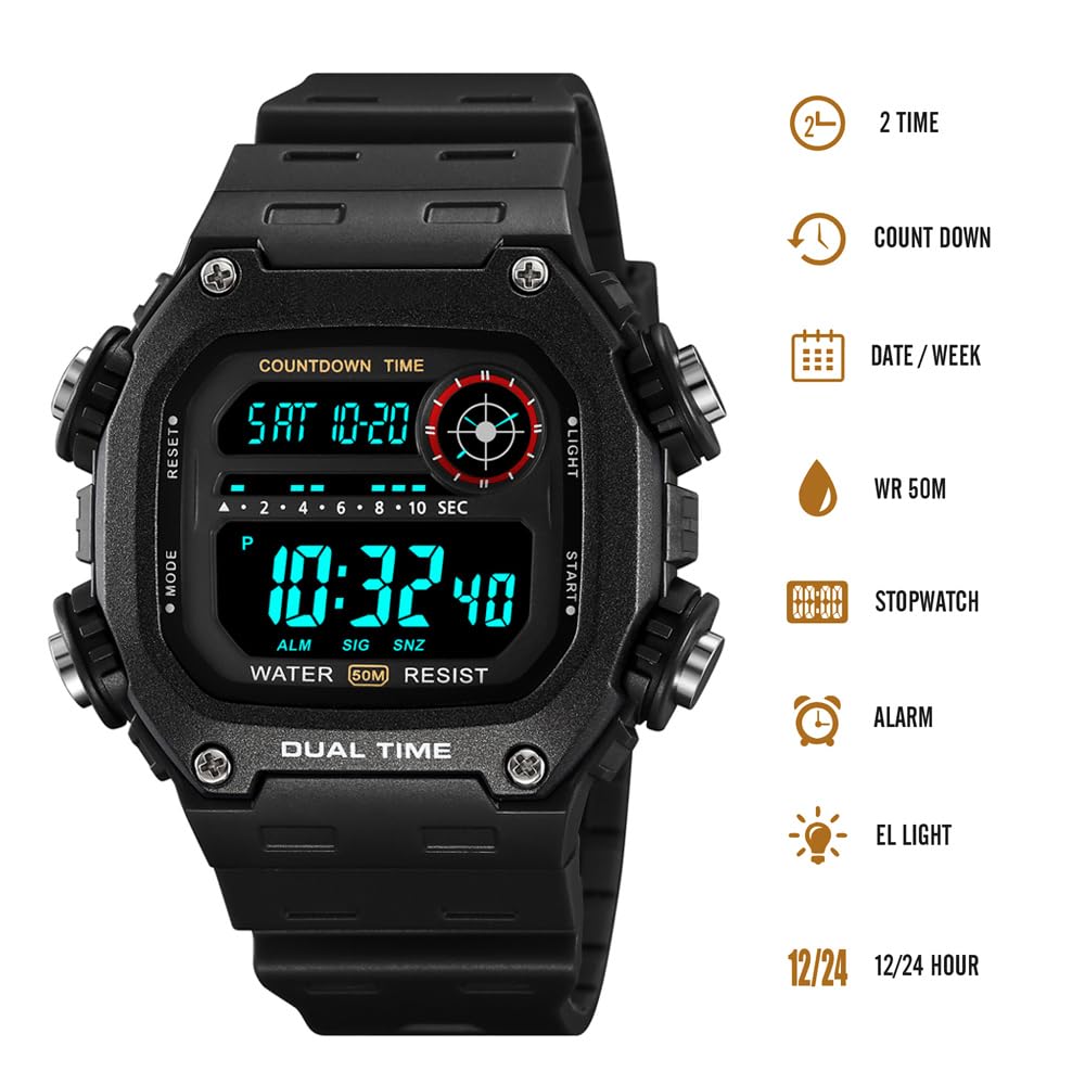 Digitale Herren-Armbanduhr, wasserdichte Uhren für Herren, Dualzeituhr mit Datumsalarm, Chronograph, Sportuhr für Teenager und Jungen