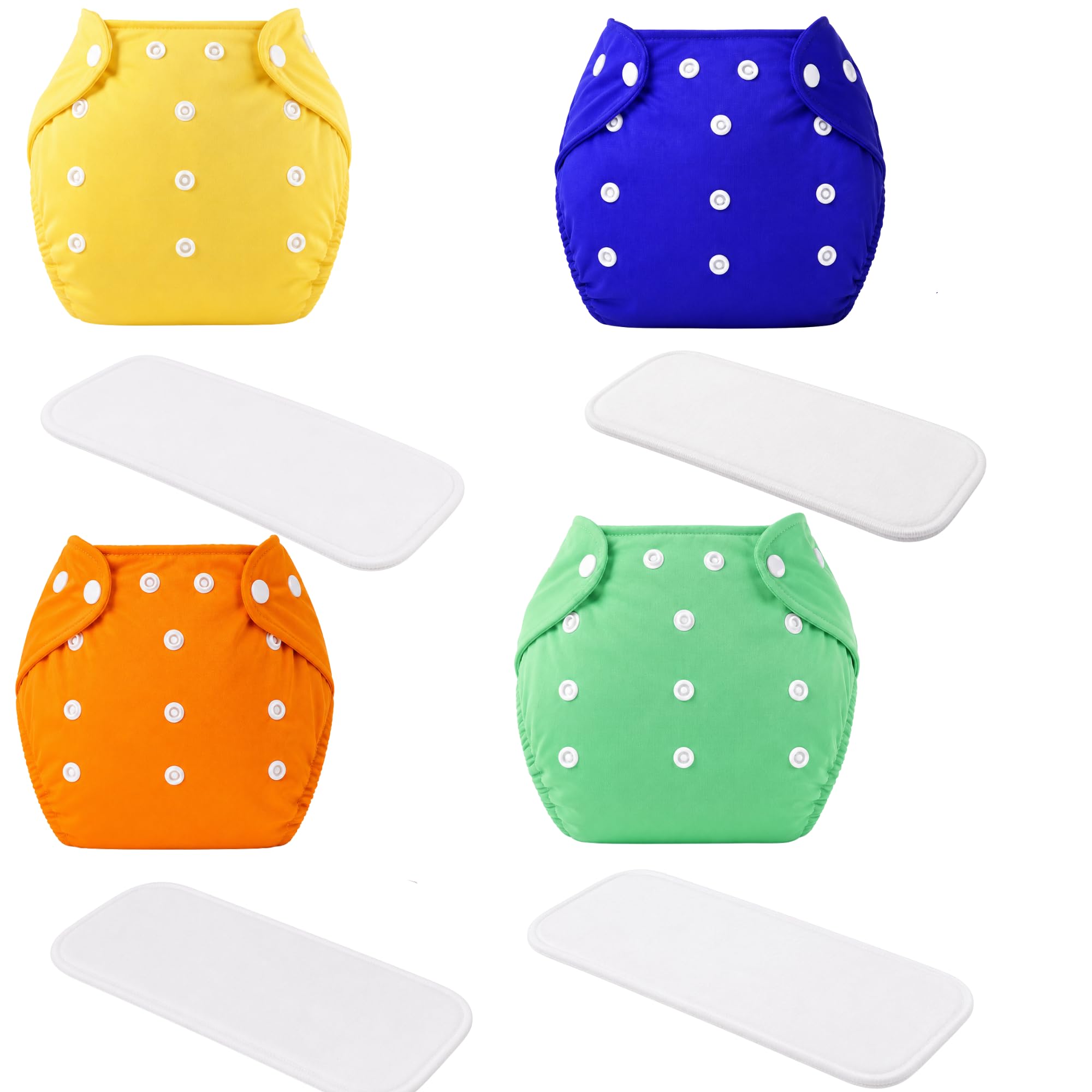 Reusable Washable Cloth Pocket Cover with Soft Absorbent Insert, Leakproof Adjustable Snap Buttons Gentle Outer Fabric (YELLOW+BLUE+ORANGE+GREEN, PLAIN, PACK OF 4)-image-15