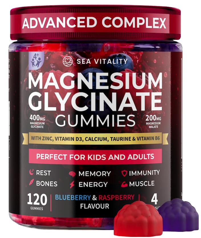 Magnesium Glycinate Gummies for Kids & Adults - High Strength Magnesium Glycinate 400mg with Malate Zinc D3 B6 & Taurine Blueberry & Raspberry Flavours Sleep Focus & Relaxation 120 Chews