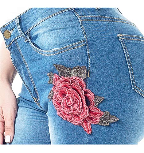 Andongnywell Women High Waist Embroidered Destroyed Ripped Skinny Jeans Flower Embroidery Denim Pants Trousers3