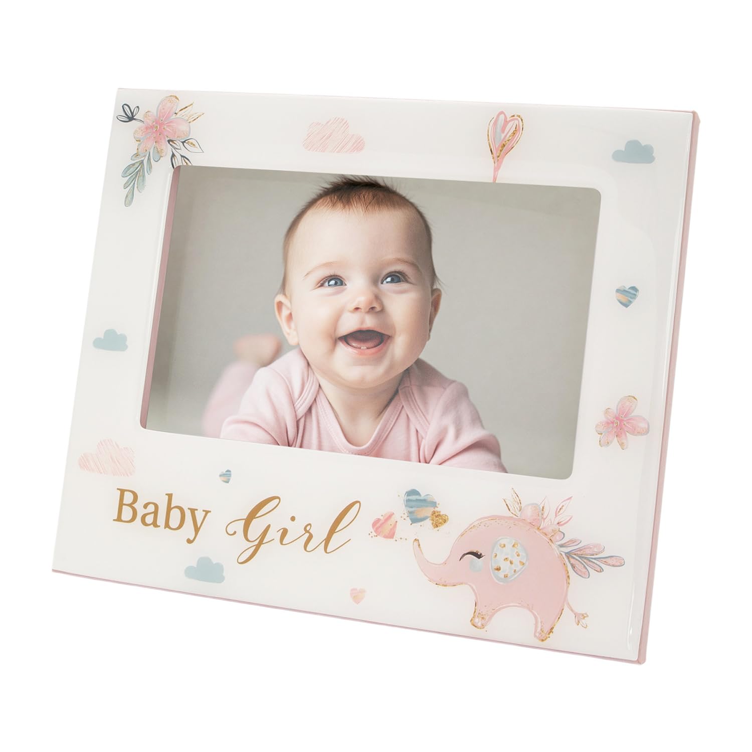 Happy Homewares Baby Girl Baby Picture Frame with Soft Pastel Pink Elephant and Hearts | 6x4 Picture Insert | For Table or Wall Hanging