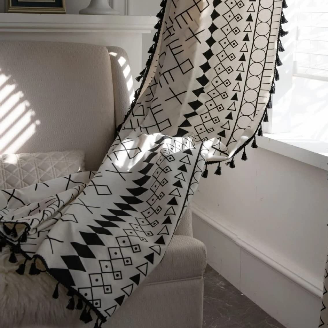 HUESLAND Cotton Curtains for Door, 7 feet Long 1 Bohemian Eyelet Curtain (Door 7 x 4 ft, Boho Tribal White & Black) (B0C2QJN1JH) Amazon Price History, Amazon Price Tracker