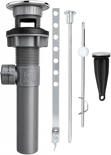 FourHome bathroom sink pop-up drain with overflow, chrome trim over a plastic body