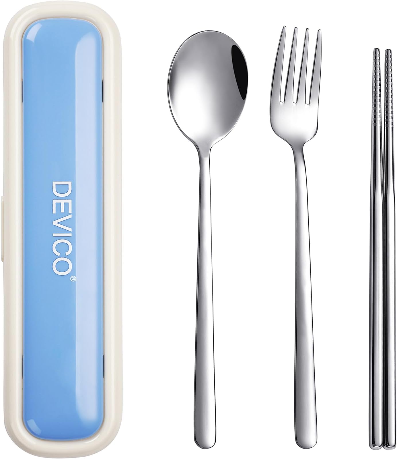 Utensils for Lunch Box, DEVICO Travel Silverware Set with Case, Portable Camping Cutlery, 18/8 Stainless Steel Reusable Korean Spoon Fork Chopsticks for School, Office, Dishwasher Safe (Beige-Blue)