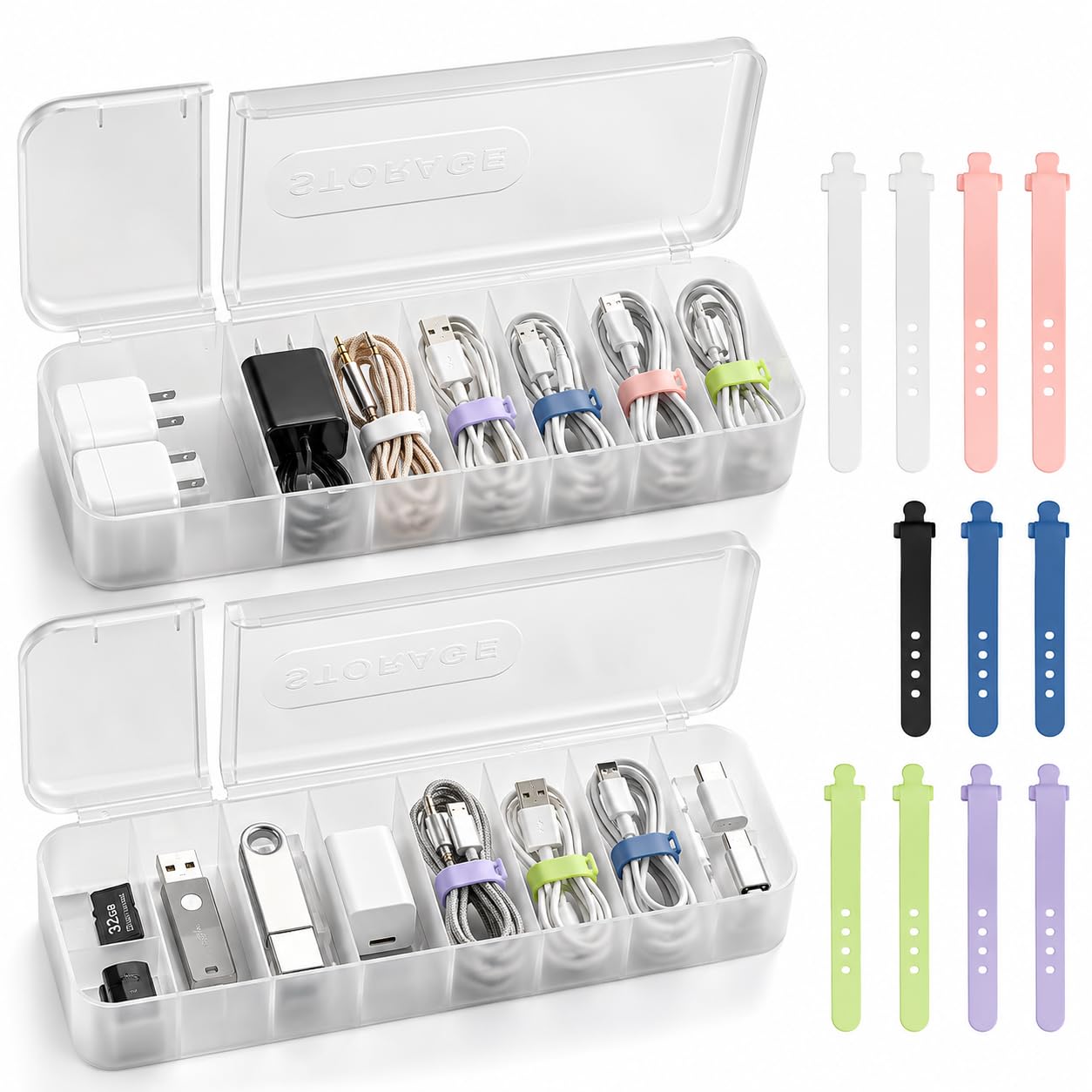 Caja de almacenamiento para cables, 2 unidades, 7 compartimentos, transparente con 12 bridas, organizador de doble apertura