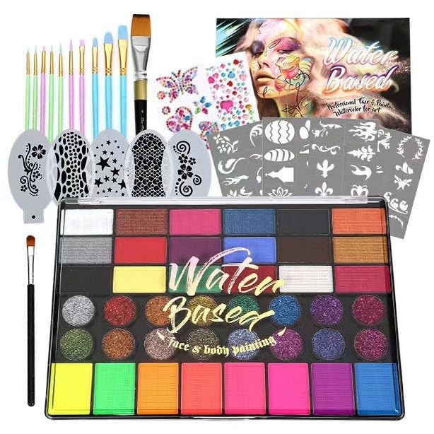 42 Color Kids Face Paint Kit – Non-Toxic, Water-Based Palette with Stencils, Brushes, Gems & Glitter for Halloween, Carnival, Costume Parties & Creative Activities