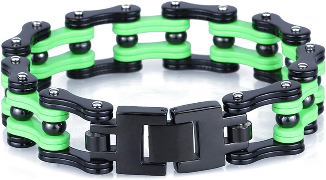 Silking Jewelry Heavy Metal Stainless Steel Men's Motorcycle Bike Chain Bracelet Green Bangle 17mm 8.85inch