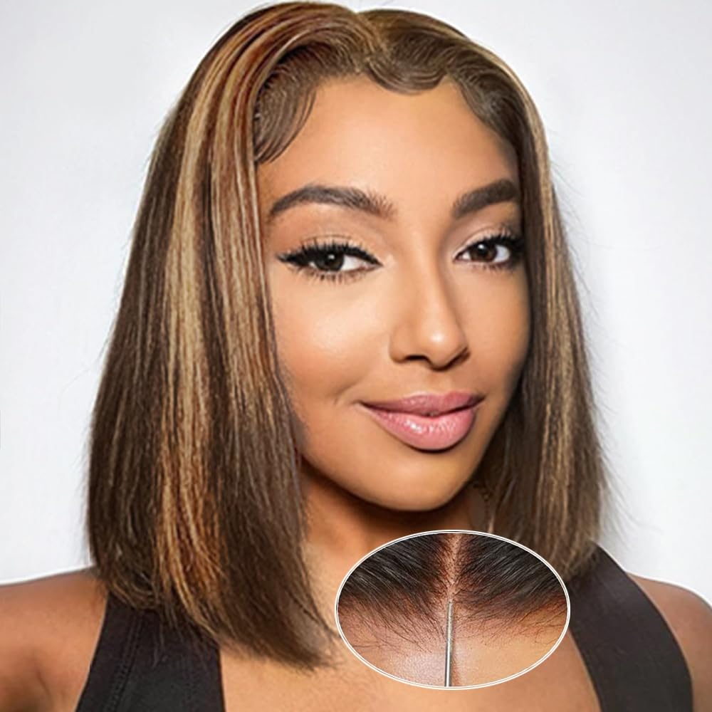 Wear And Go Glueless Bob Wig Human Hair Highlight 4x4 HD 1B/30 Ombre Lace Front Wig Human Hair Pre Plucked With Baby Hair Straight Bob Wig Human Hair Pre cut Lace Frontal Wig 150% Density 12 Inch