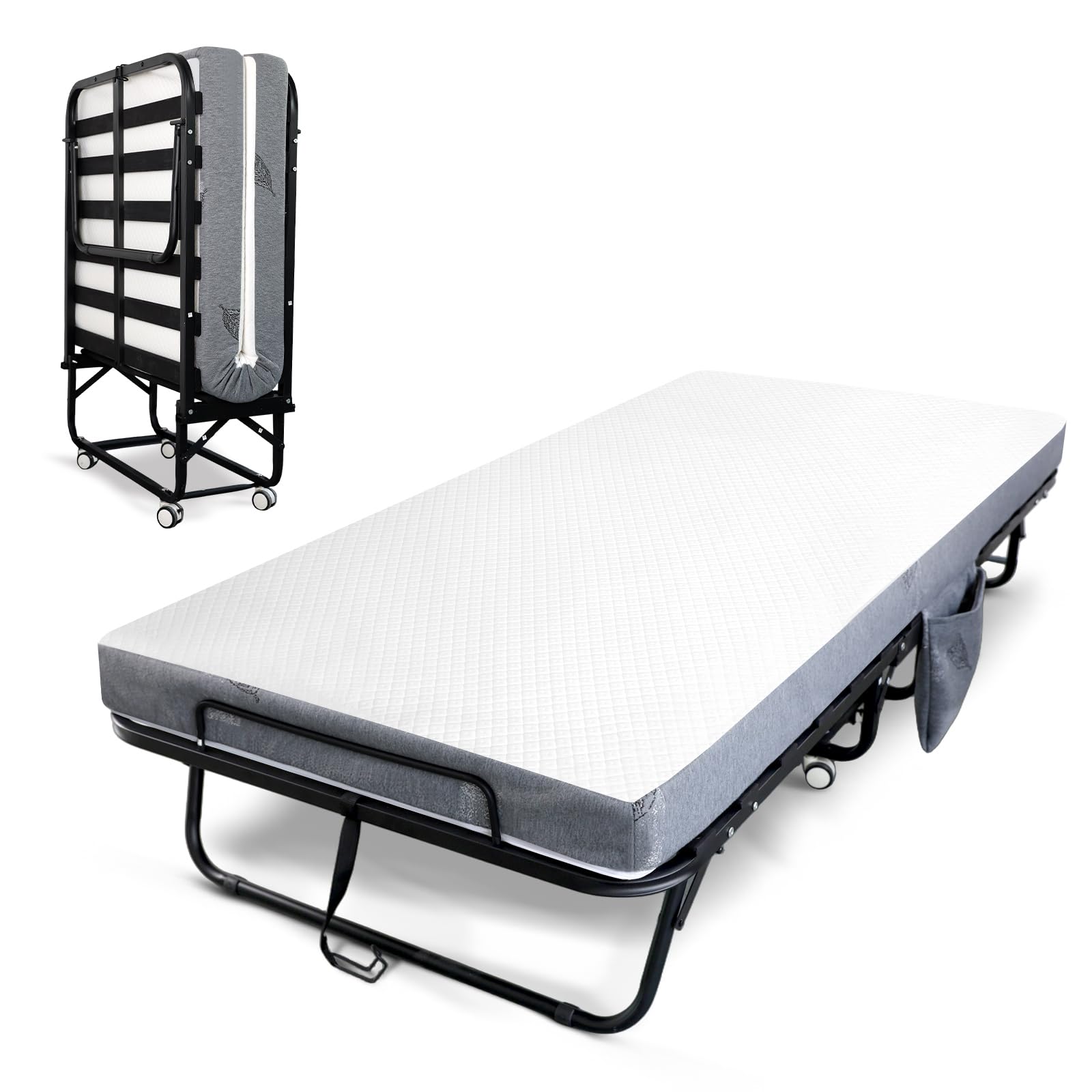 Sapphirana Folding Bed with Mattress for Adults, Twin Size Portable Foldable Bed with Metal & Wood Frame, Rollaway Guest, 75" x 38"