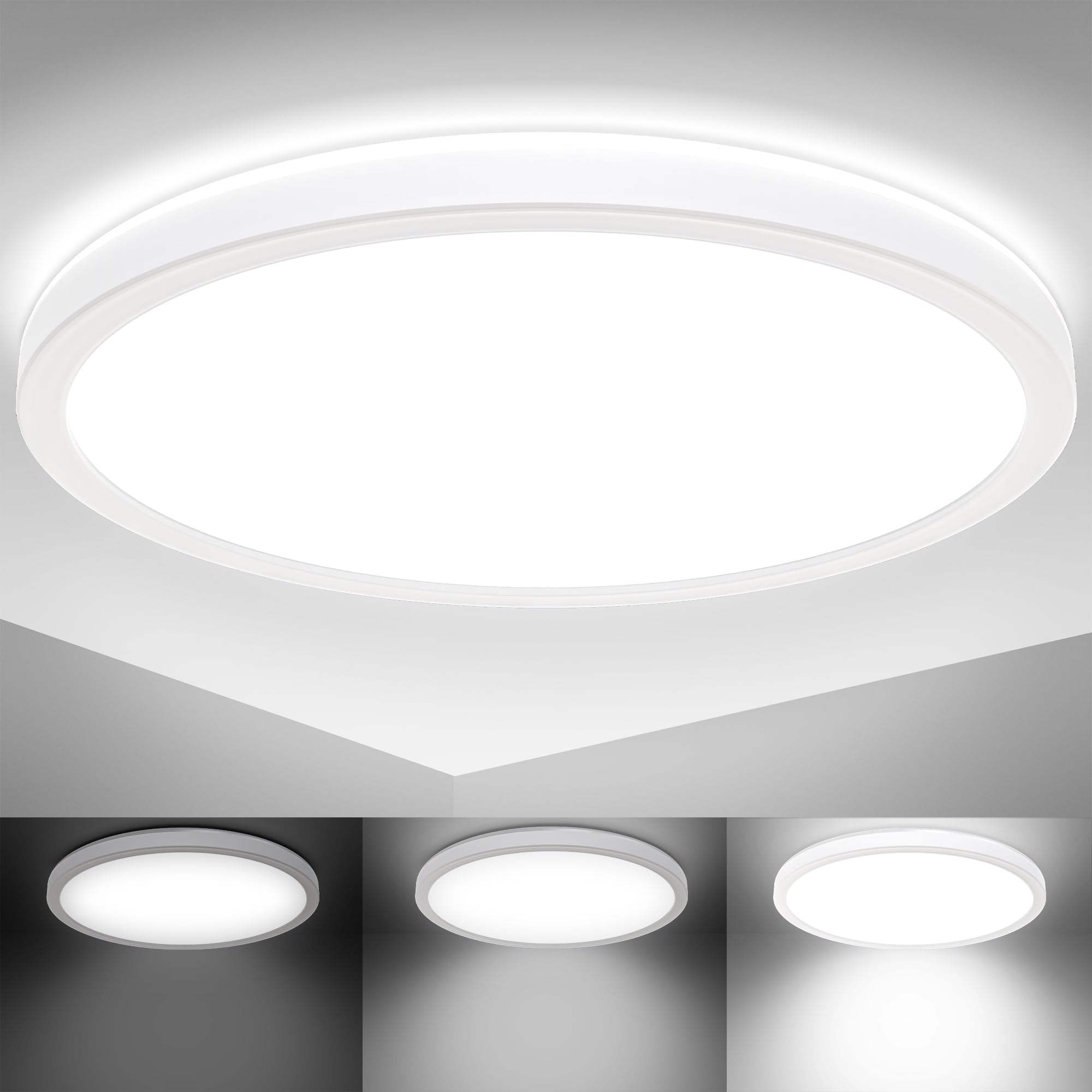 B.K.Licht LED Ceiling Light, 3 Levels Dimming, Built-in 18W LED Board, 4000K Neutral White, 2400Lm, Ø11.5in, Ultra-Flat, Memory Function, Indirect Ceiling Backlight, Modern Round Ceiling Panel, IP20