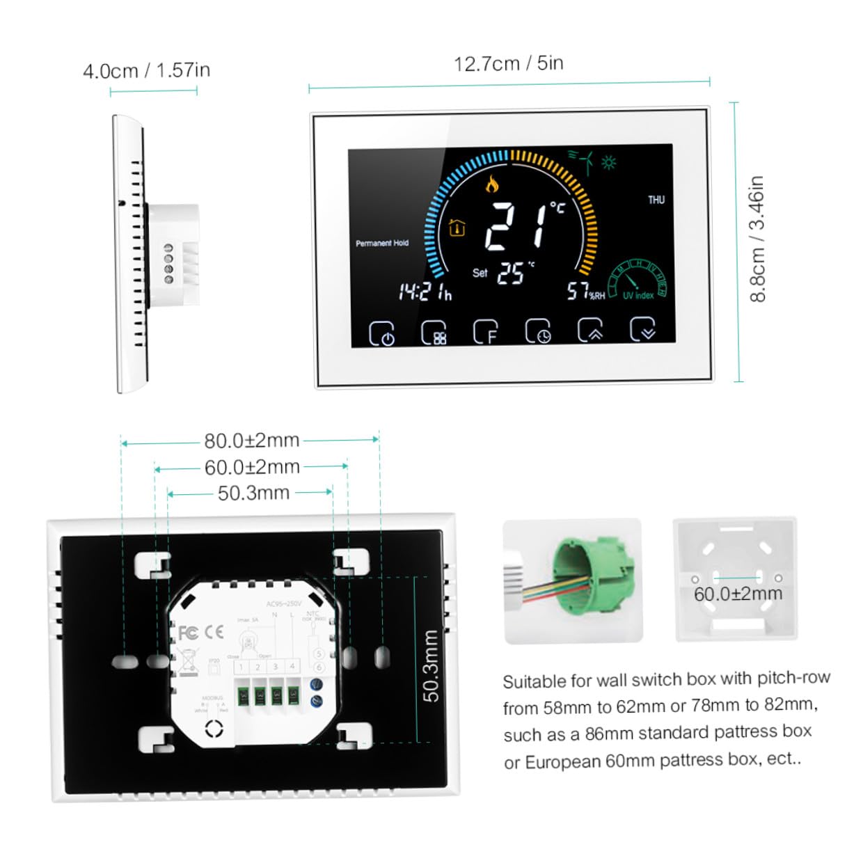 Programmierbarer Intelligenter Temperaturregler für Haushalt mit Großem 4,8 Zoll Farbdisplay Touchscreen und WLAN Steuerung 5a Leistung Weißes PC Abs Gehäuse